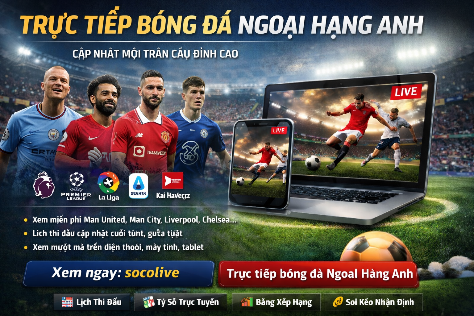 Trực tiếp bóng đá Ngoại Hạng Anh